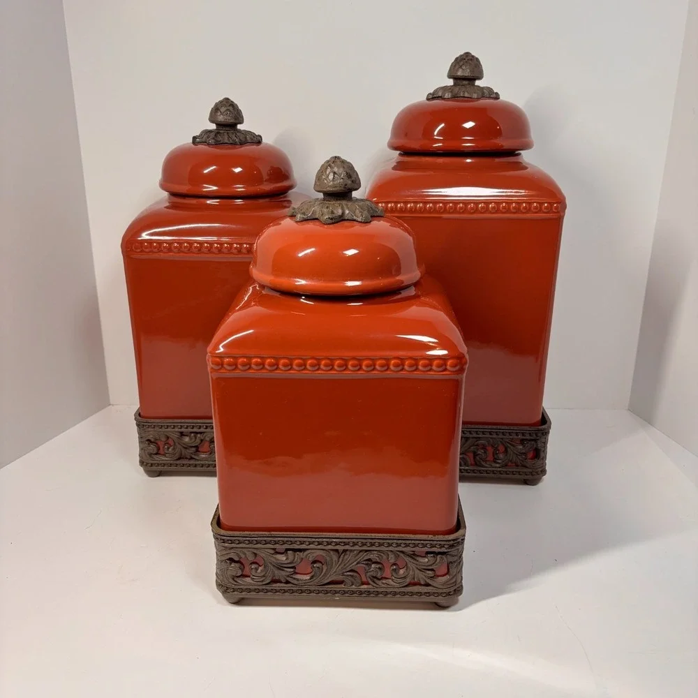3 Piece Canister GG Collection Tuscan Red Scroll Metal Bases European Charm